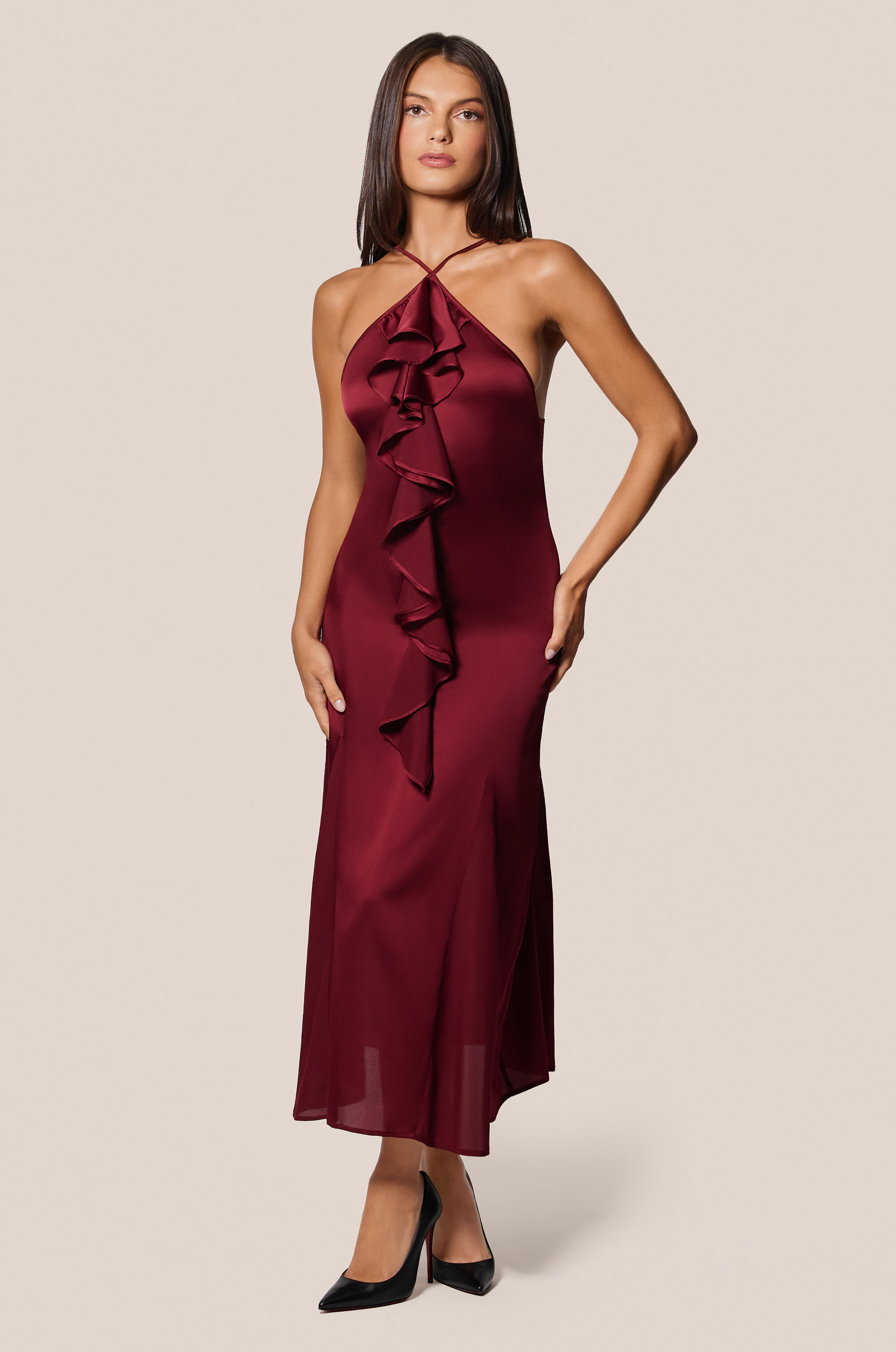 SOIE HALTER RUFFLE MIDI DRESS